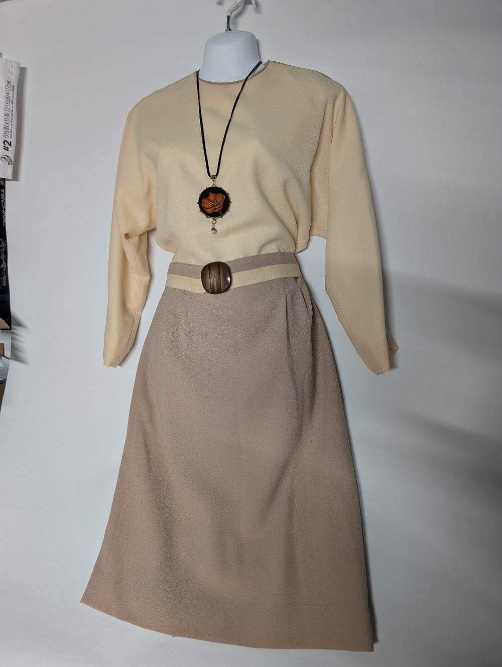 Cream and Taupe Pencil Skirt Bat Wing Dress Classic Vintage Handmade Classic - Picture 15 of 15